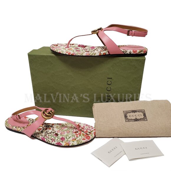 GUCCI SHOES DOUBLE G MARMONT LOGO LEATHER THONG FLORAL SOLE SANDAL sz 40 10 - Picture 2 of 16
